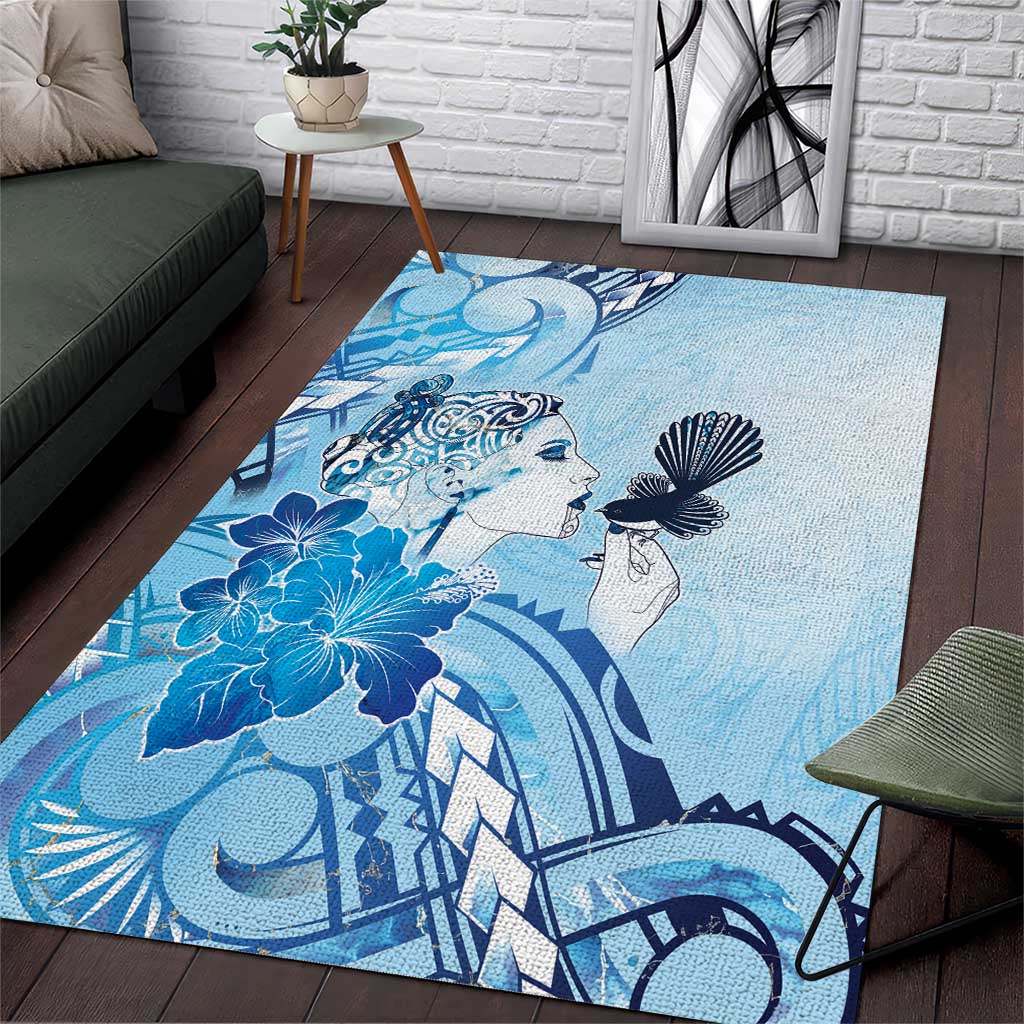 Aotearoa Maori Wahine Area Rug Fantail Bird Blue Gold Marble
