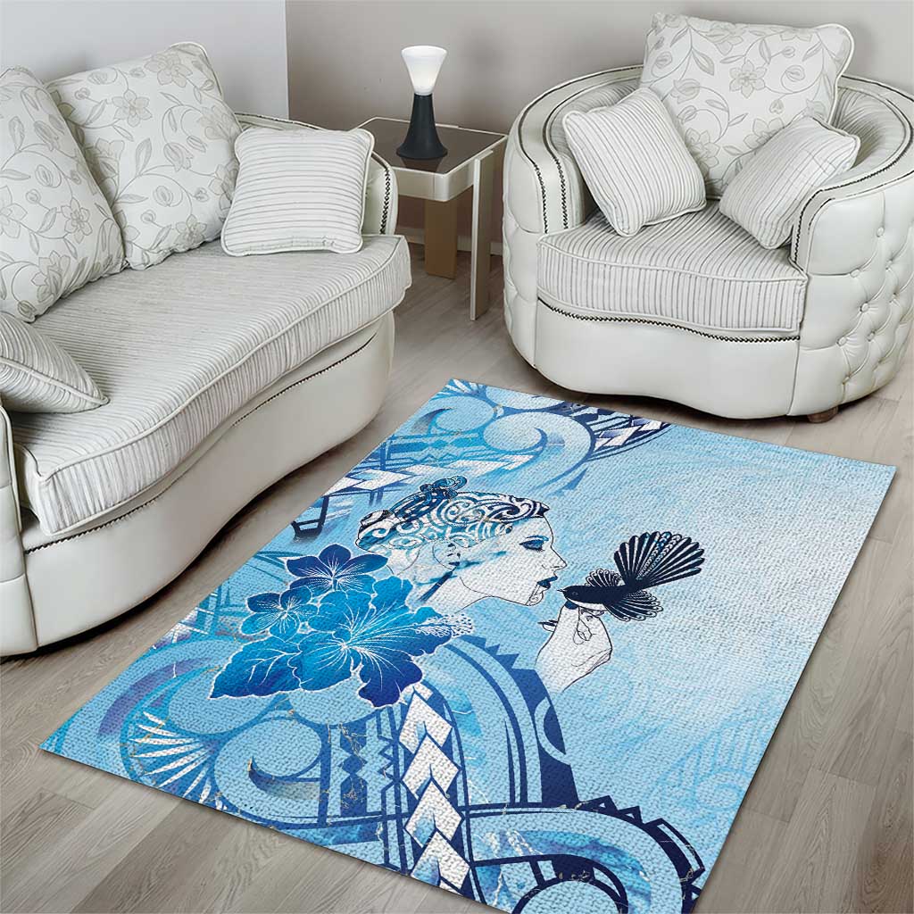 Aotearoa Maori Wahine Area Rug Fantail Bird Blue Gold Marble