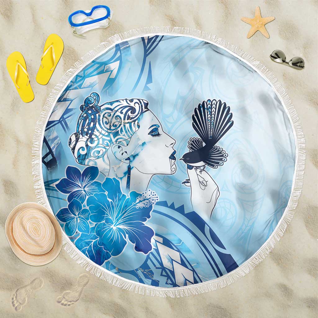 Aotearoa Maori Wahine Beach Blanket Fantail Bird Blue Gold Marble