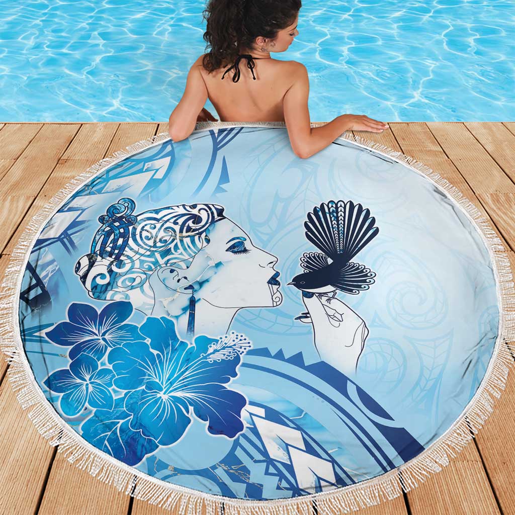 Aotearoa Maori Wahine Beach Blanket Fantail Bird Blue Gold Marble
