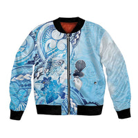 Aotearoa Maori Wahine Bomber Jacket Fantail Bird Blue Gold Marble