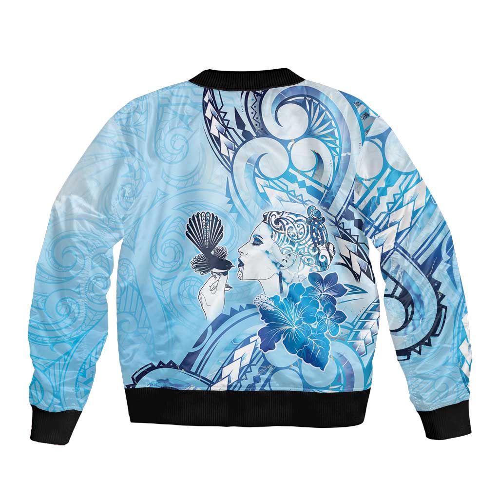 Aotearoa Maori Wahine Bomber Jacket Fantail Bird Blue Gold Marble