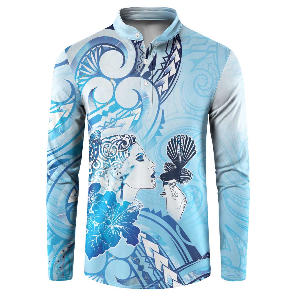 Aotearoa Maori Wahine Button Sweatshirt Fantail Bird Blue Gold Marble