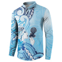 Aotearoa Maori Wahine Button Sweatshirt Fantail Bird Blue Gold Marble