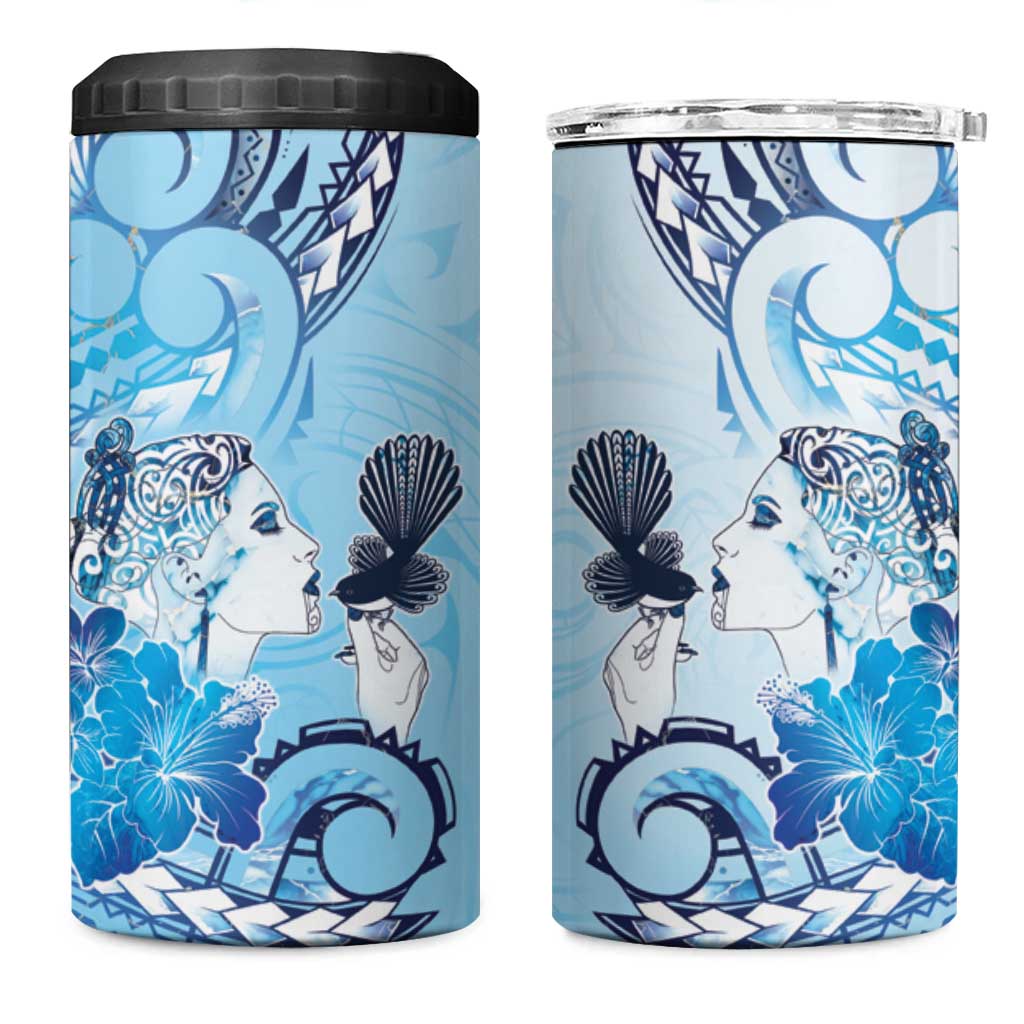 Aotearoa Maori Wahine 4 in 1 Can Cooler Tumbler Fantail Bird Blue Gold Marble