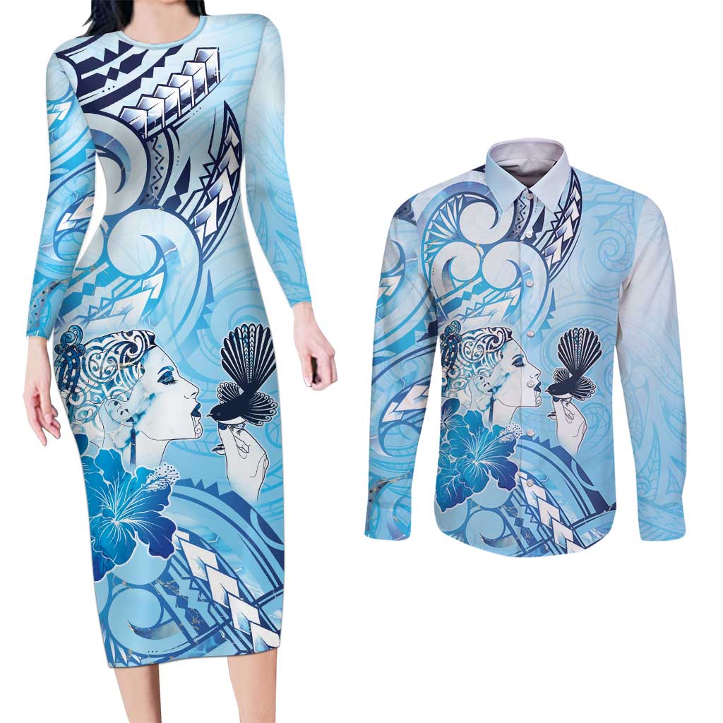 Aotearoa Maori Wahine Couples Matching Long Sleeve Bodycon Dress and Long Sleeve Button Shirt Fantail Bird Blue Gold Marble