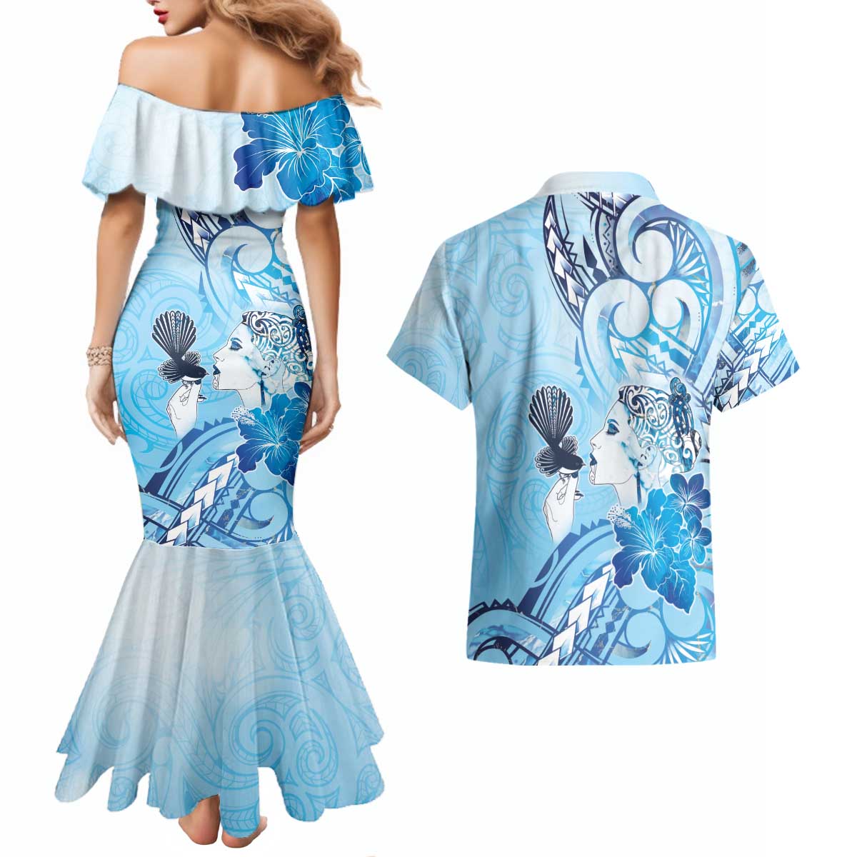 Aotearoa Maori Wahine Couples Matching Mermaid Dress and Hawaiian Shirt Fantail Bird Blue Gold Marble