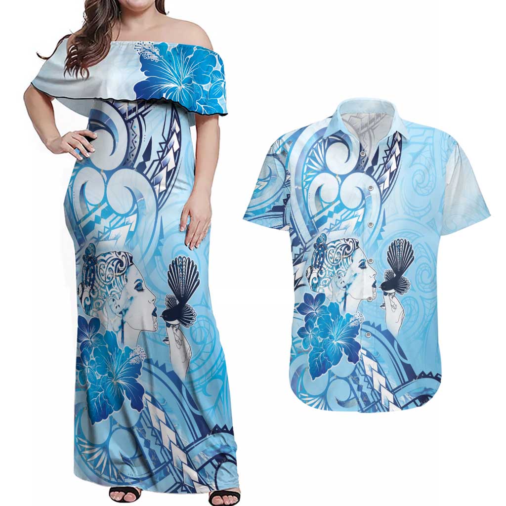 Aotearoa Maori Wahine Couples Matching Off Shoulder Maxi Dress and Hawaiian Shirt Fantail Bird Blue Gold Marble