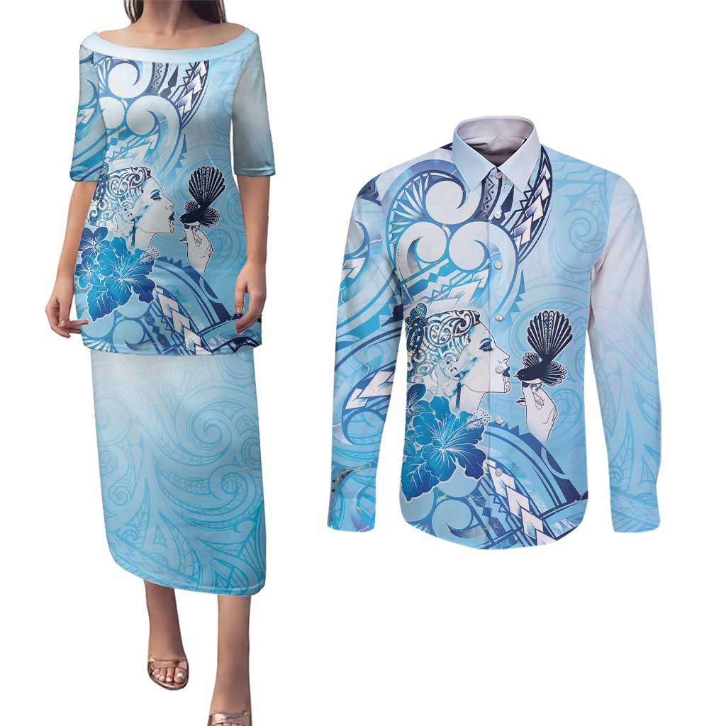 Aotearoa Maori Wahine Couples Matching Puletasi and Long Sleeve Button Shirt Fantail Bird Blue Gold Marble
