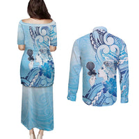 Aotearoa Maori Wahine Couples Matching Puletasi and Long Sleeve Button Shirt Fantail Bird Blue Gold Marble