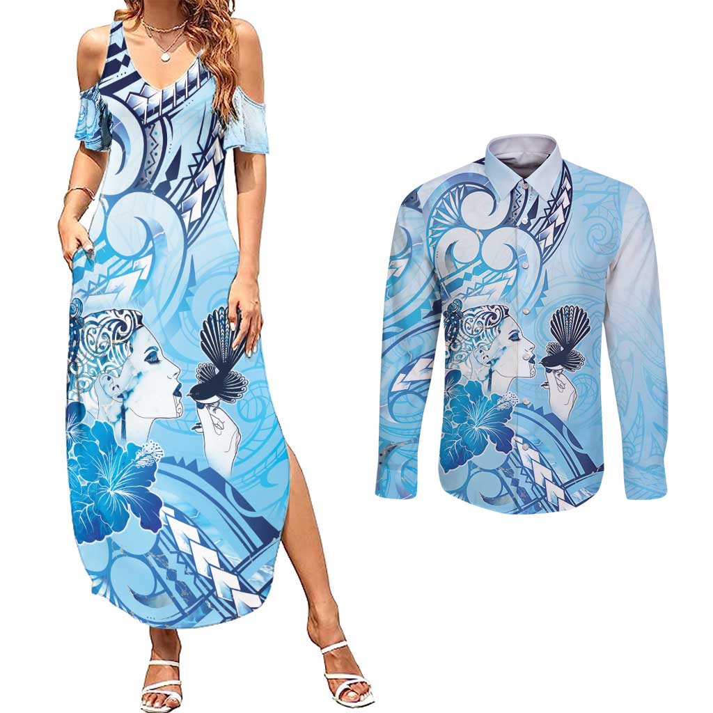 Aotearoa Maori Wahine Couples Matching Summer Maxi Dress and Long Sleeve Button Shirt Fantail Bird Blue Gold Marble