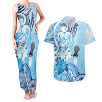 Aotearoa Maori Wahine Couples Matching Tank Maxi Dress and Hawaiian Shirt Fantail Bird Blue Gold Marble