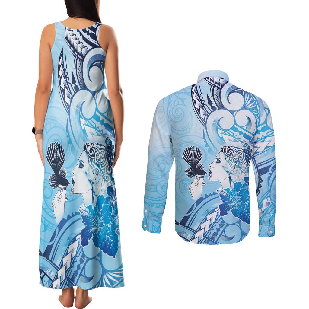 Aotearoa Maori Wahine Couples Matching Tank Maxi Dress and Long Sleeve Button Shirt Fantail Bird Blue Gold Marble