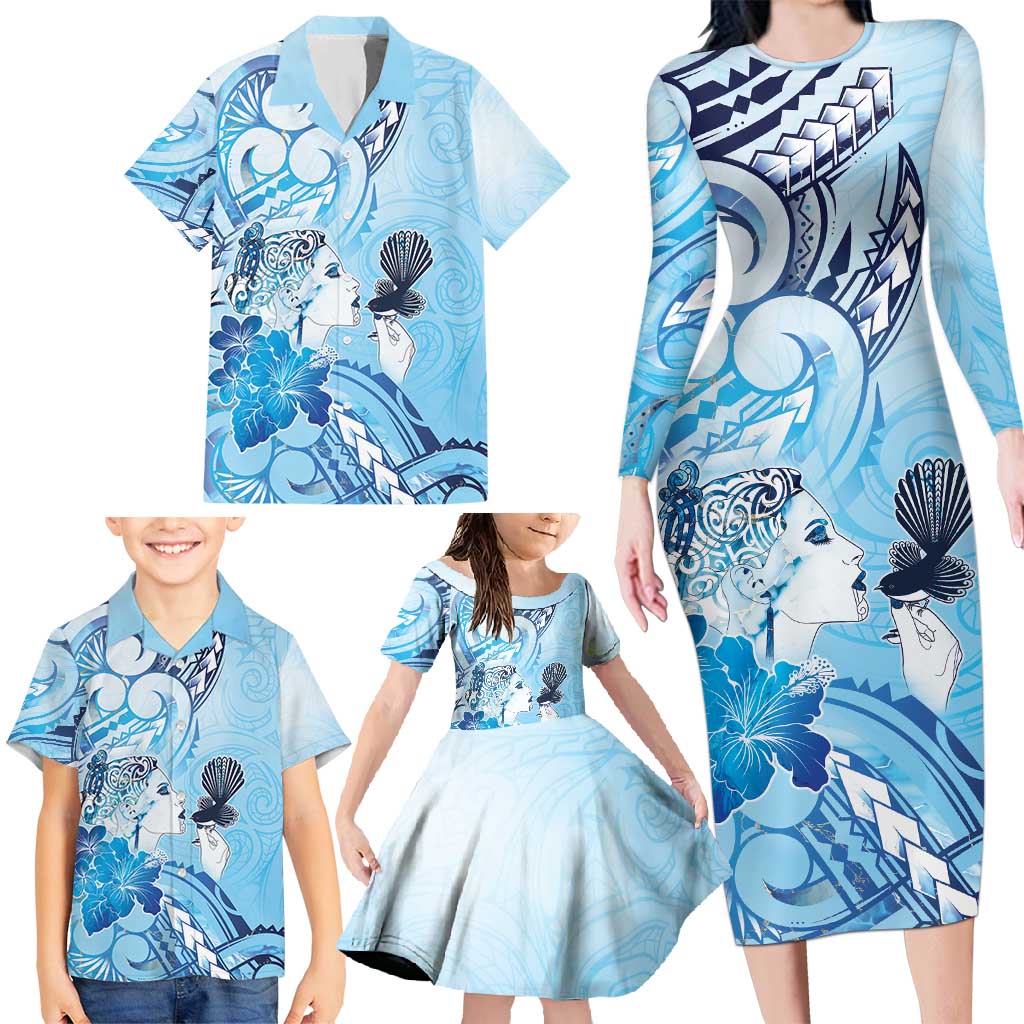 Aotearoa Maori Wahine Family Matching Long Sleeve Bodycon Dress and Hawaiian Shirt Fantail Bird Blue Gold Marble