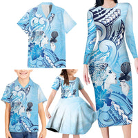 Aotearoa Maori Wahine Family Matching Long Sleeve Bodycon Dress and Hawaiian Shirt Fantail Bird Blue Gold Marble