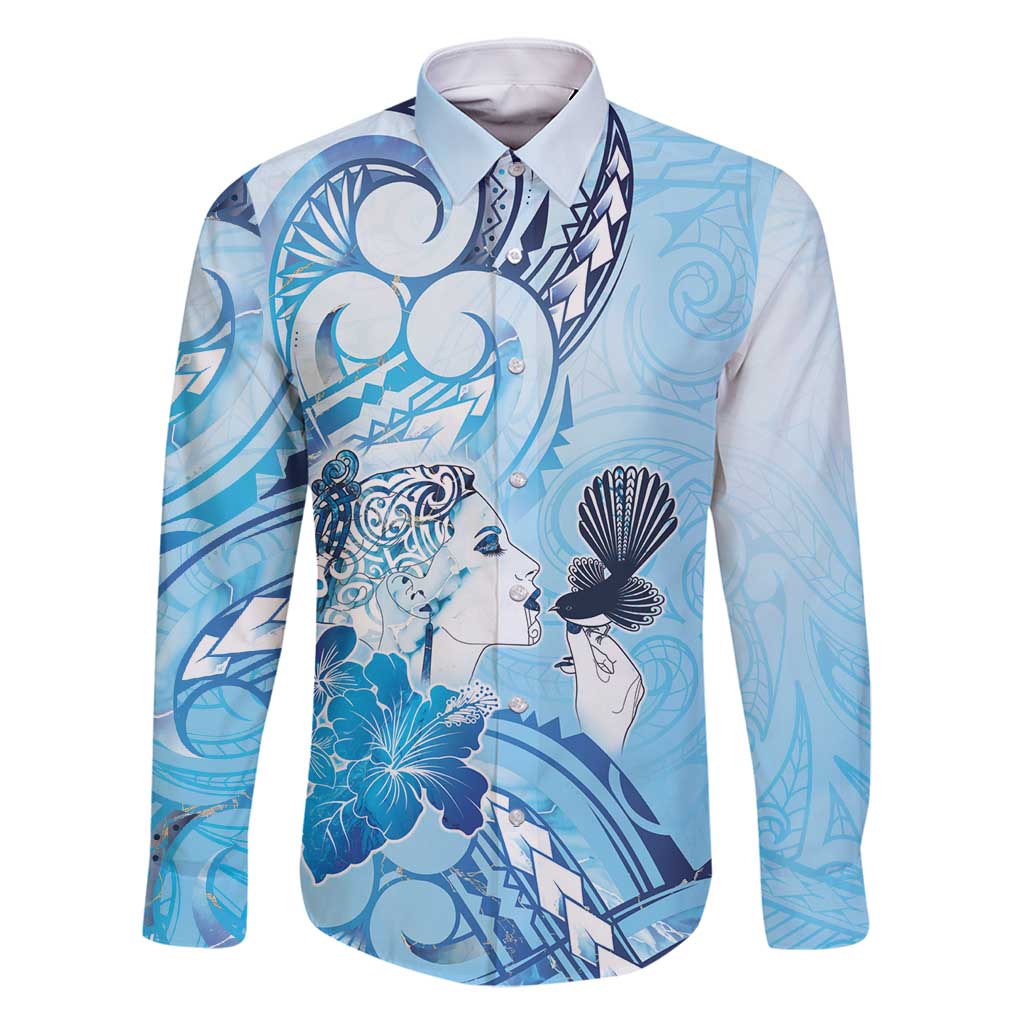 Aotearoa Maori Wahine Family Matching Long Sleeve Bodycon Dress and Hawaiian Shirt Fantail Bird Blue Gold Marble