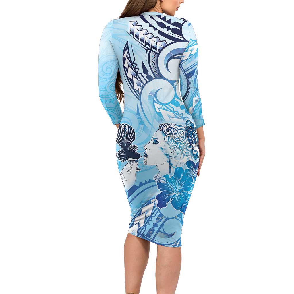 Aotearoa Maori Wahine Family Matching Long Sleeve Bodycon Dress and Hawaiian Shirt Fantail Bird Blue Gold Marble