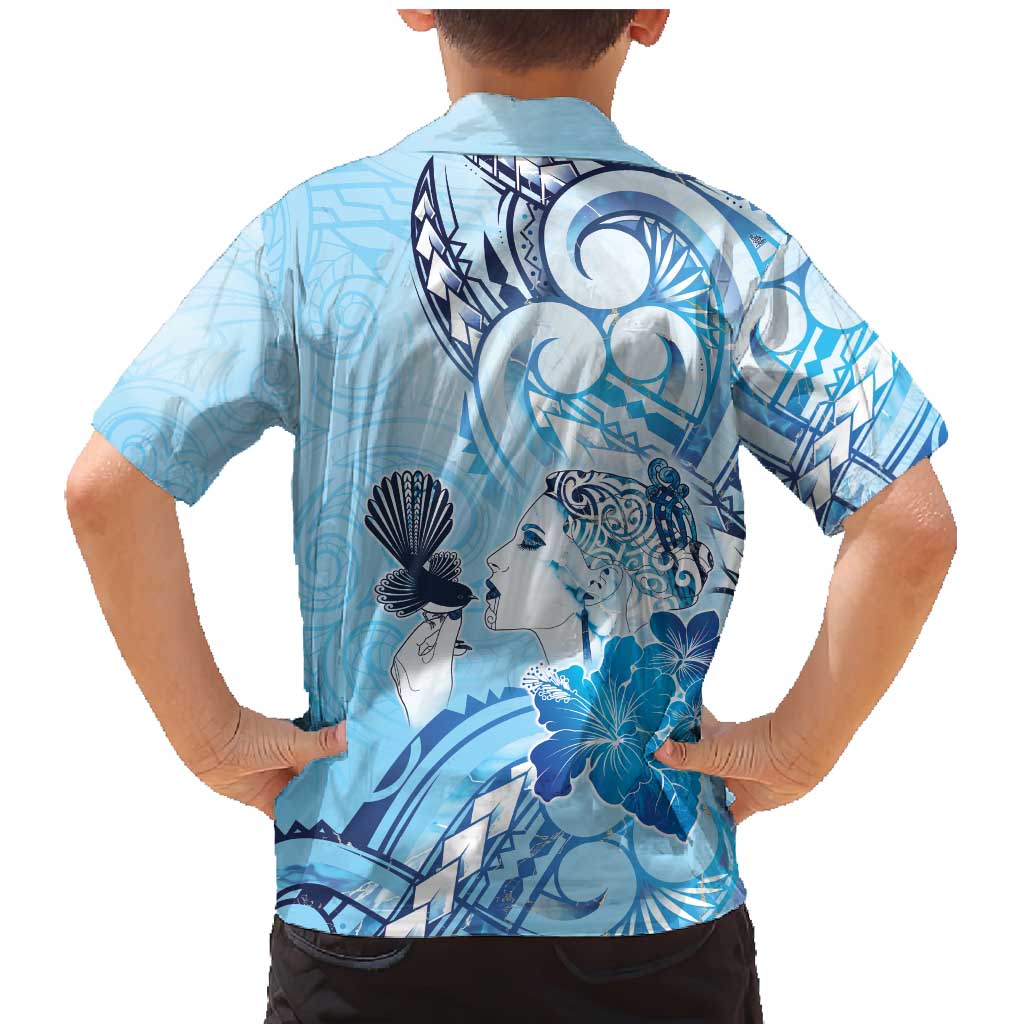 Aotearoa Maori Wahine Family Matching Mermaid Dress and Hawaiian Shirt Fantail Bird Blue Gold Marble