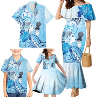 Aotearoa Maori Wahine Family Matching Mermaid Dress and Hawaiian Shirt Fantail Bird Blue Gold Marble