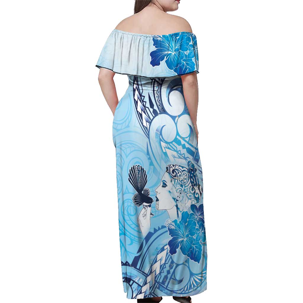 Aotearoa Maori Wahine Family Matching Off Shoulder Maxi Dress and Hawaiian Shirt Fantail Bird Blue Gold Marble