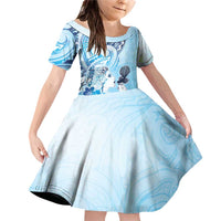 Aotearoa Maori Wahine Family Matching Off Shoulder Short Dress and Hawaiian Shirt Fantail Bird Blue Gold Marble