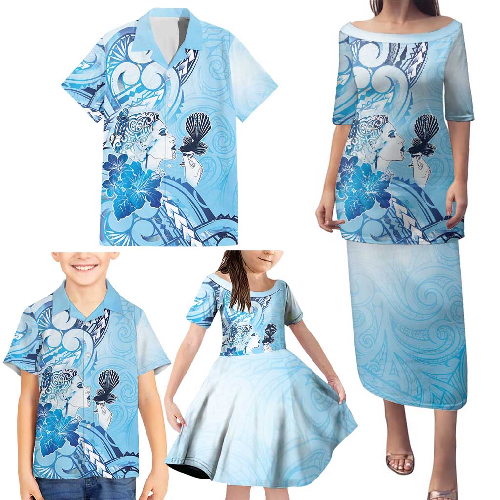 Aotearoa Maori Wahine Family Matching Puletasi and Hawaiian Shirt Fantail Bird Blue Gold Marble