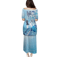 Aotearoa Maori Wahine Family Matching Puletasi and Hawaiian Shirt Fantail Bird Blue Gold Marble