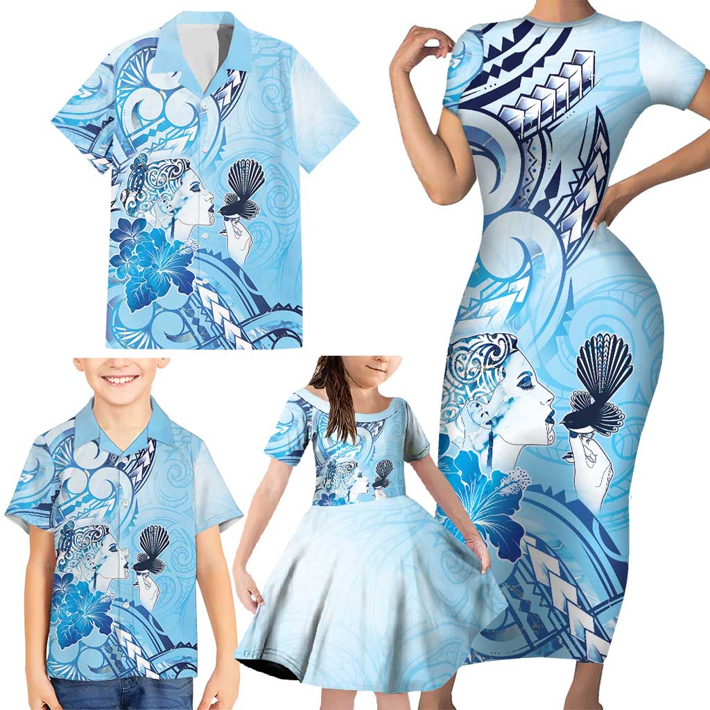 Aotearoa Maori Wahine Family Matching Short Sleeve Bodycon Dress and Hawaiian Shirt Fantail Bird Blue Gold Marble