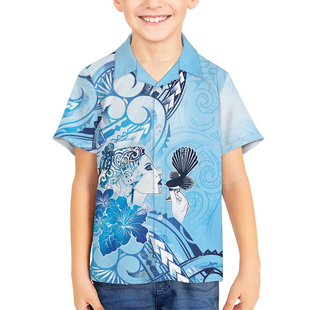 Aotearoa Maori Wahine Family Matching Short Sleeve Bodycon Dress and Hawaiian Shirt Fantail Bird Blue Gold Marble