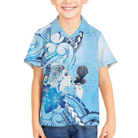 Aotearoa Maori Wahine Family Matching Short Sleeve Bodycon Dress and Hawaiian Shirt Fantail Bird Blue Gold Marble