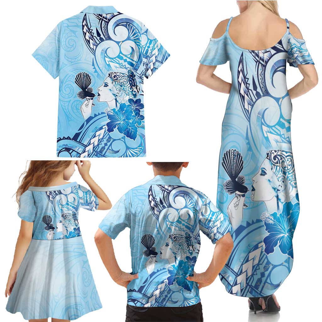 Aotearoa Maori Wahine Family Matching Summer Maxi Dress and Hawaiian Shirt Fantail Bird Blue Gold Marble