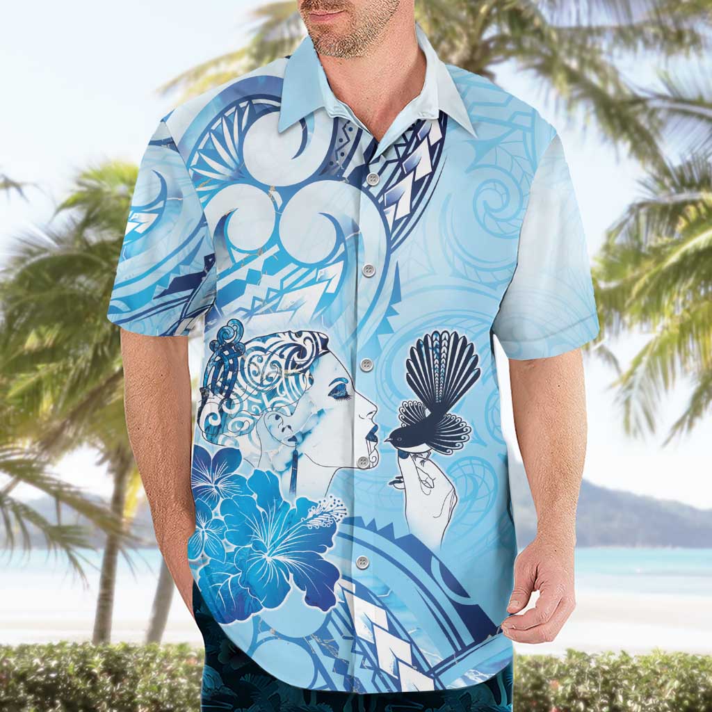 Aotearoa Maori Wahine Hawaiian Shirt Fantail Bird Blue Gold Marble