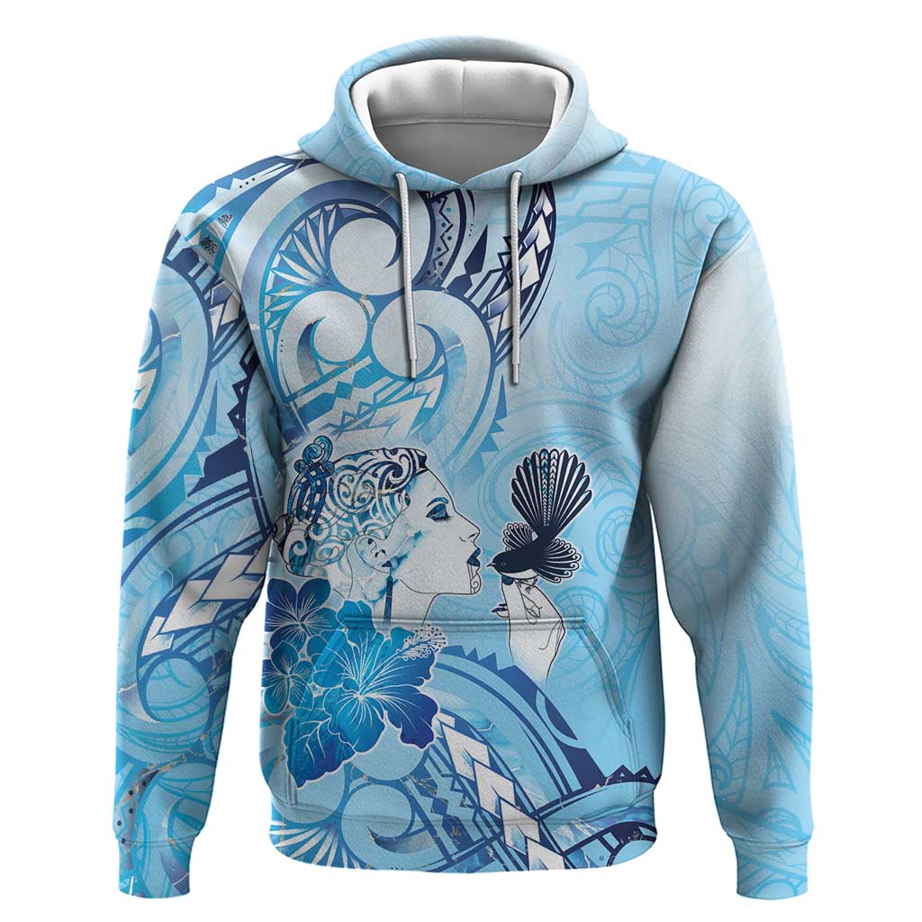 Aotearoa Maori Wahine Hoodie Fantail Bird Blue Gold Marble