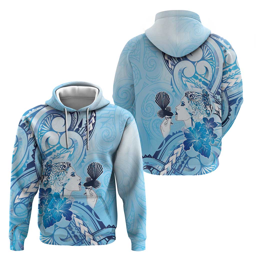 Aotearoa Maori Wahine Hoodie Fantail Bird Blue Gold Marble
