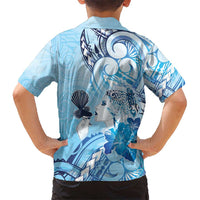 Aotearoa Maori Wahine Kid Hawaiian Shirt Fantail Bird Blue Gold Marble
