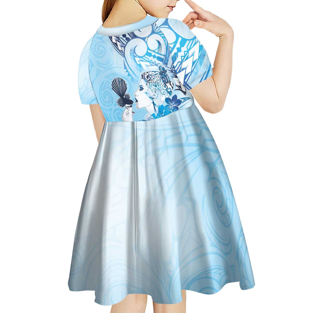 Aotearoa Maori Wahine Kid Short Sleeve Dress Fantail Bird Blue Gold Marble