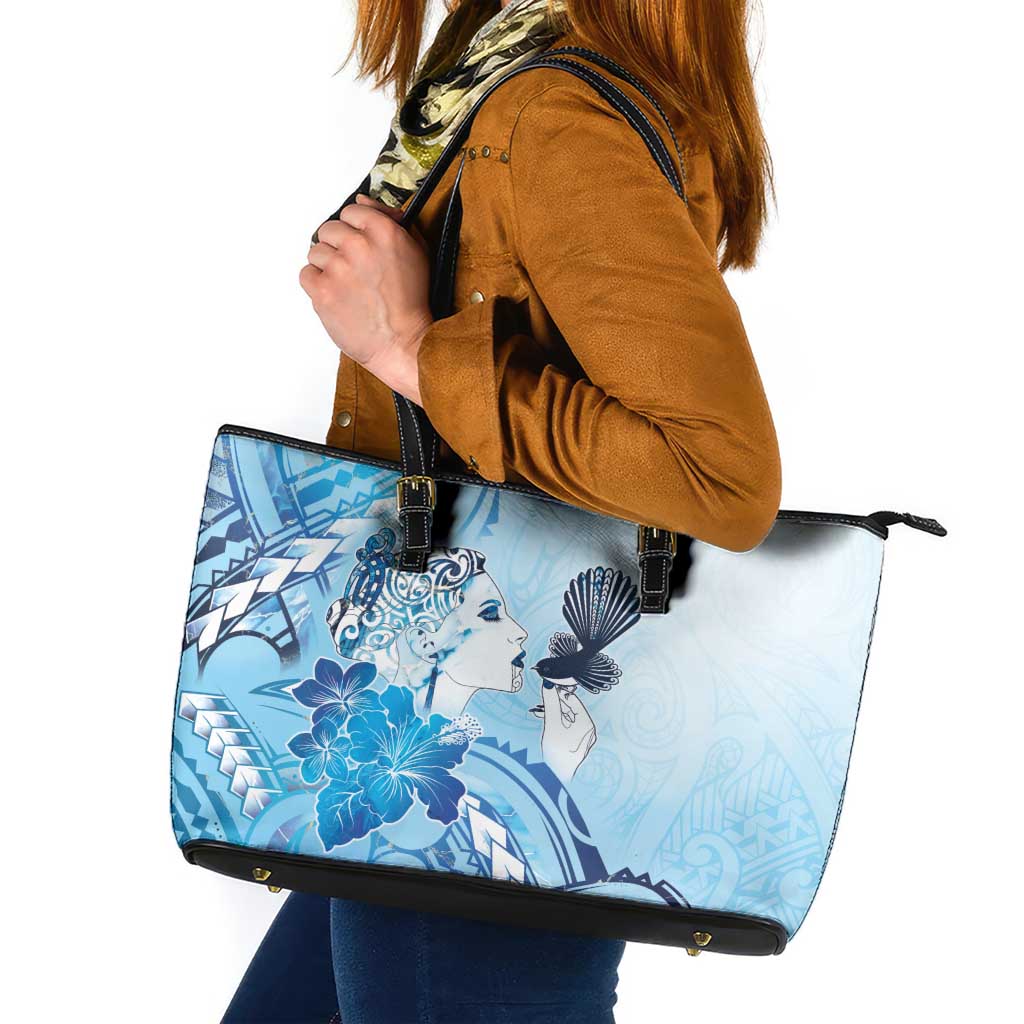 Aotearoa Maori Wahine Leather Tote Bag Fantail Bird Blue Gold Marble