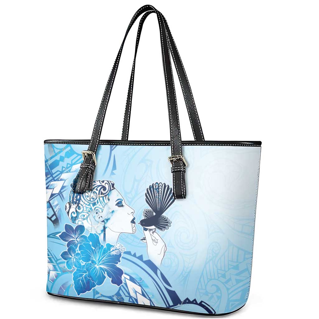 Aotearoa Maori Wahine Leather Tote Bag Fantail Bird Blue Gold Marble