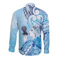Aotearoa Maori Wahine Long Sleeve Button Shirt Fantail Bird Blue Gold Marble