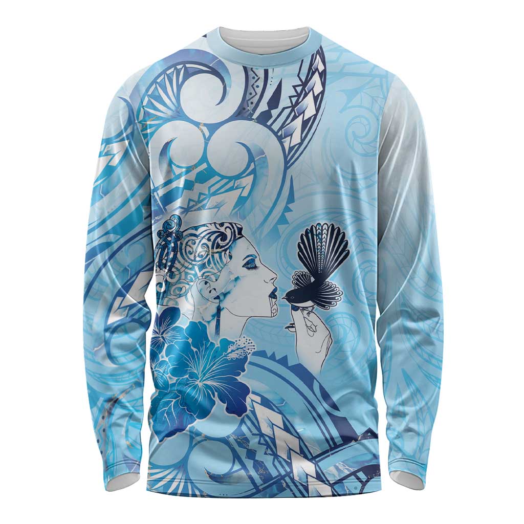 Aotearoa Maori Wahine Long Sleeve Shirt Fantail Bird Blue Gold Marble