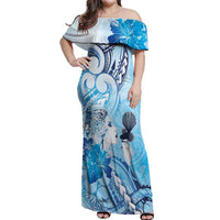 Aotearoa Maori Wahine Off Shoulder Maxi Dress Fantail Bird Blue Gold Marble LT05 Women Blue - Polynesian Pride