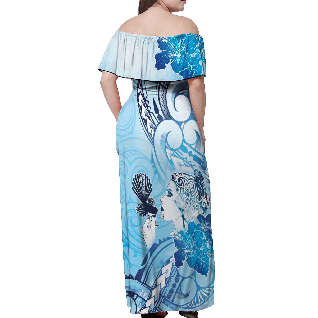 Aotearoa Maori Wahine Off Shoulder Maxi Dress Fantail Bird Blue Gold Marble LT05 - Polynesian Pride