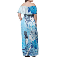 Aotearoa Maori Wahine Off Shoulder Maxi Dress Fantail Bird Blue Gold Marble LT05 - Polynesian Pride