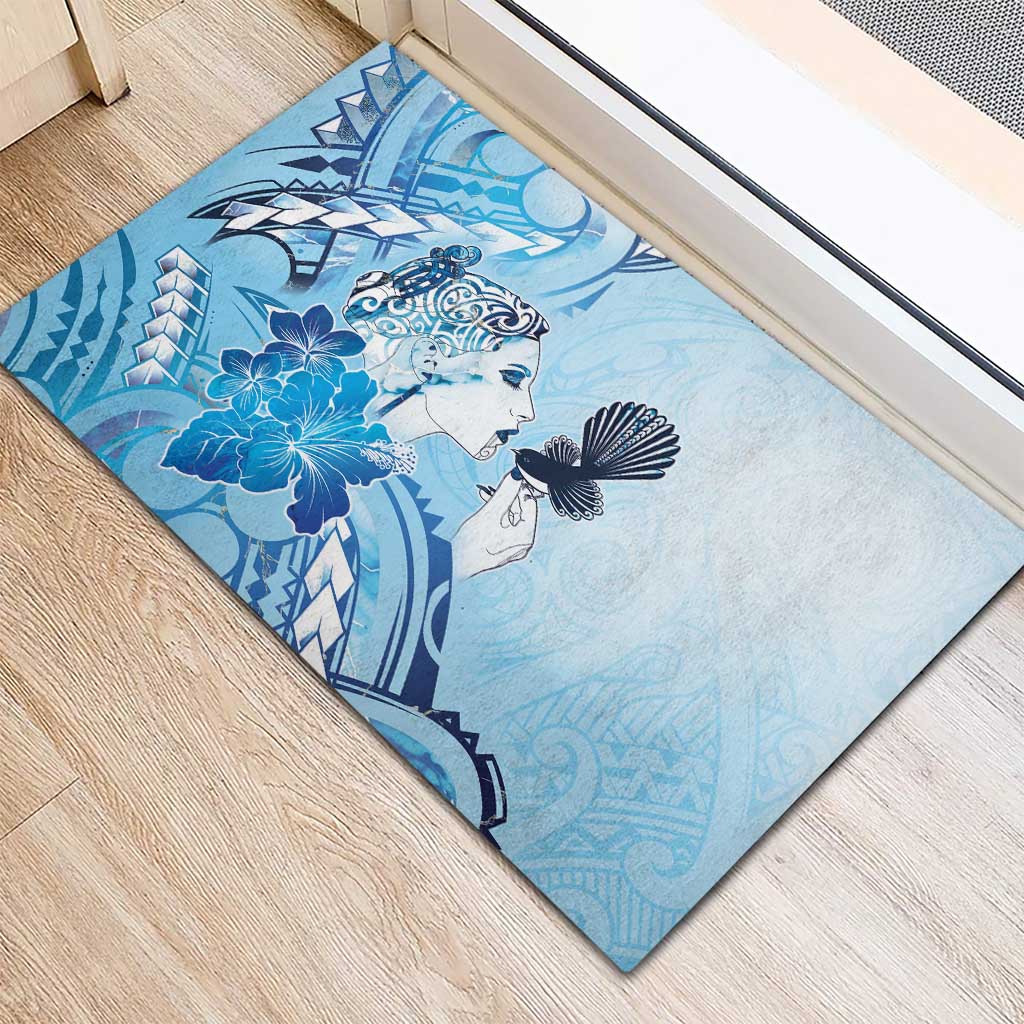 Aotearoa Maori Wahine Rubber Doormat Fantail Bird Blue Gold Marble