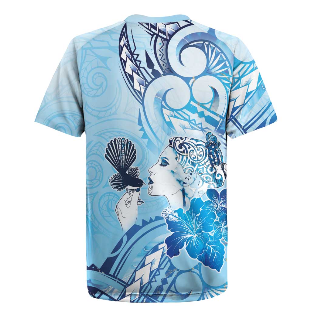 Aotearoa Maori Wahine Rugby Jersey Fantail Bird Blue Gold Marble