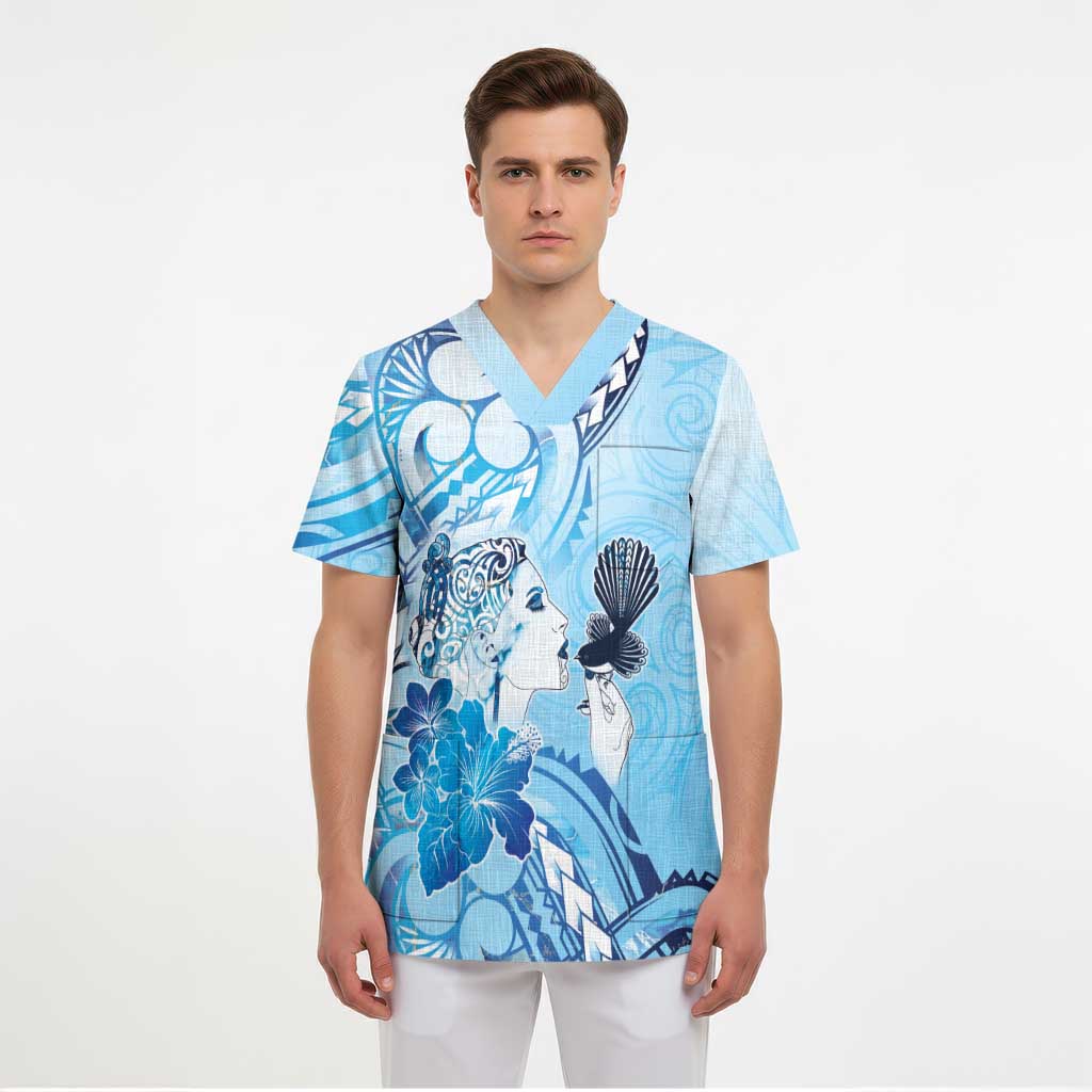 Aotearoa Maori Wahine Scrub Top Fantail Bird Blue Gold Marble - Polynesian Pride