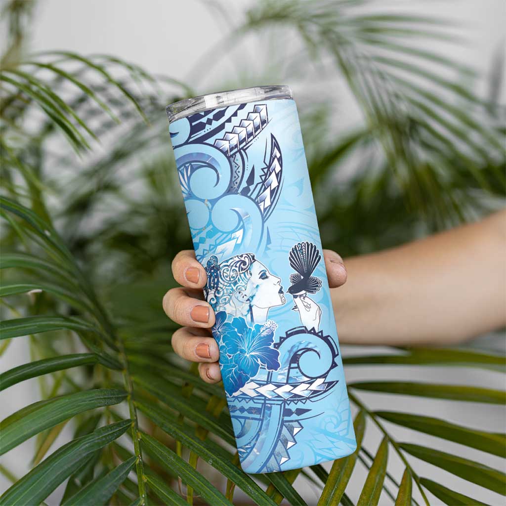 Aotearoa Maori Wahine Skinny Tumbler Fantail Bird Blue Gold Marble