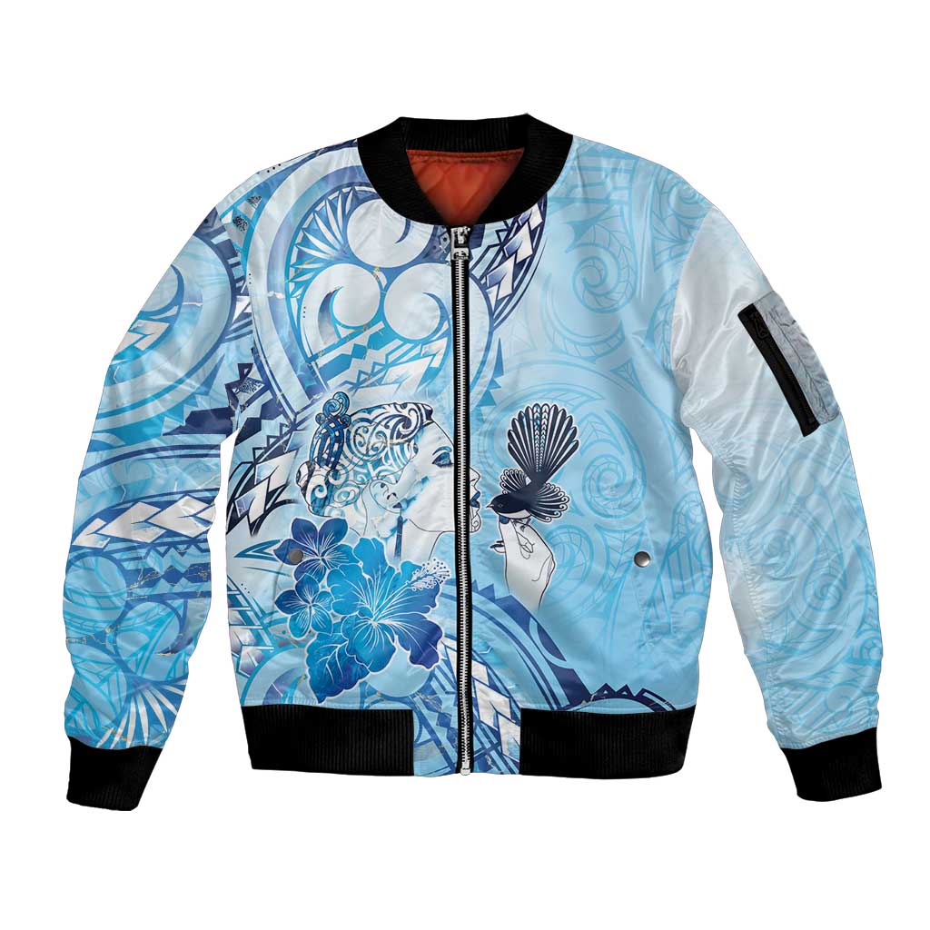 Aotearoa Maori Wahine Sleeve Zip Bomber Jacket Fantail Bird Blue Gold Marble