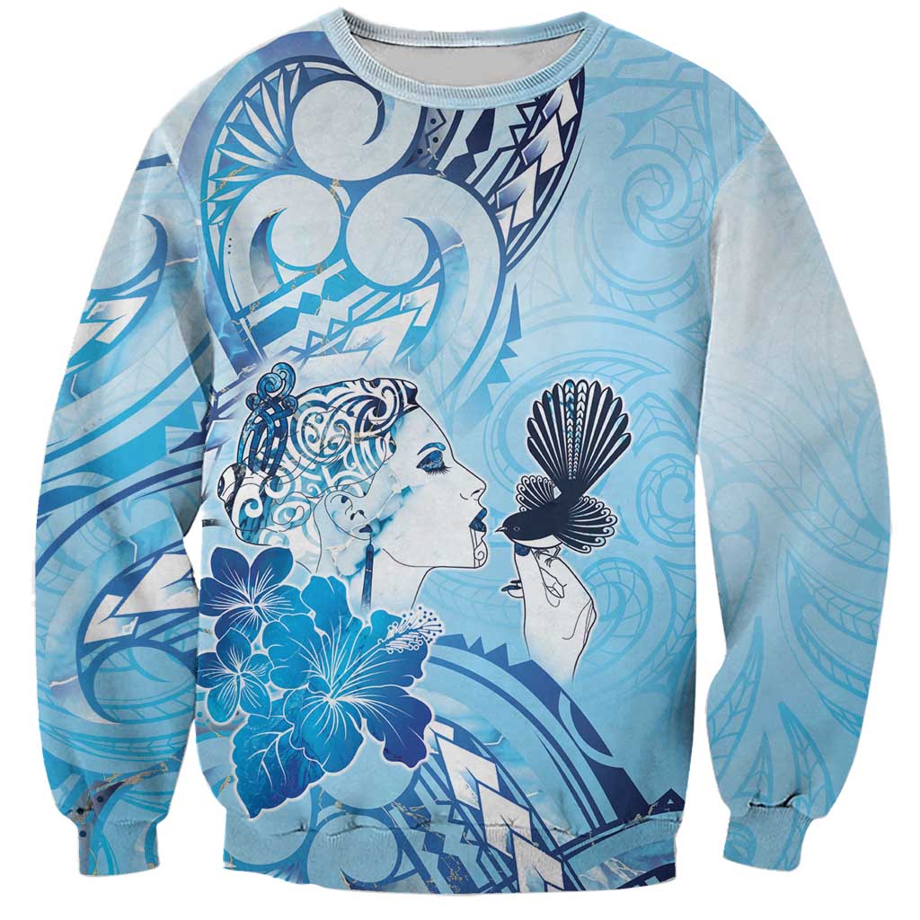Aotearoa Maori Wahine Sweatshirt Fantail Bird Blue Gold Marble LT05 Unisex Blue - Polynesian Pride