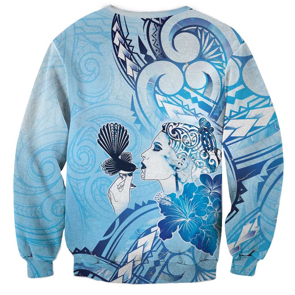 Aotearoa Maori Wahine Sweatshirt Fantail Bird Blue Gold Marble LT05 - Polynesian Pride